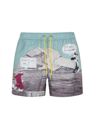 Costume da bagno di colore verde acqua con lacci gialli. Presenta personaggi dei cartoni animati su uno sfondo con nuvole di testo. Materiale in poliestere, vestibilità rilassata.