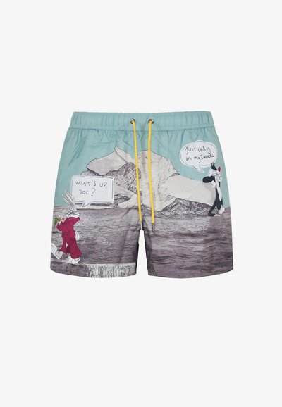 Costume da bagno di colore verde acqua con lacci gialli. Presenta personaggi dei cartoni animati su uno sfondo con nuvole di testo. Materiale in poliestere, vestibilità rilassata.