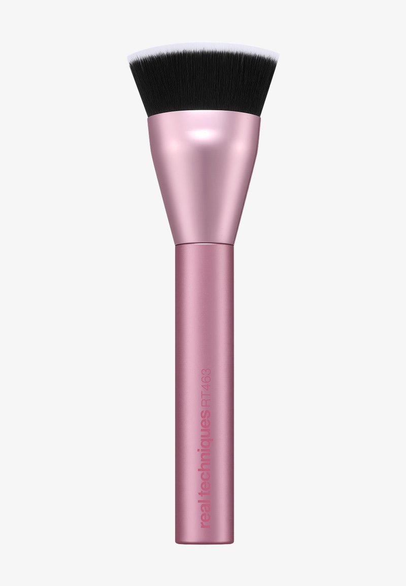 Flat-top makeup brush with dense black bristles and a metallic pink handle labeled Real Techniques RT463 on a plain white background.