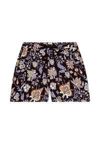 Zwarte bloemen short met een trekkoord in de taille. Bevat kleurrijke bloemmotieven in paars, oranje en crèmekleurig. Zachte stof met een ontspannen fit.