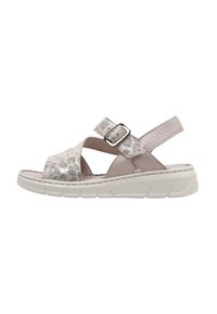 Sandalia de estampado de leopardo con correas de cuero beige, hebilla ajustable y suela de goma blanca que presenta un patrón texturizado y un diseño segmentado.