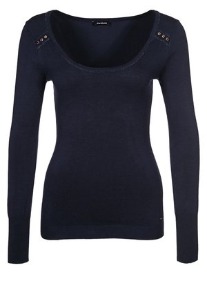 Pull-over en laine à manches longues de couleur marine, en maille lisse, avec un col en ronde et des boutons décoratifs dorés aux épaules.