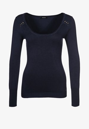 Maglione lungo blu navy in materiale a maglia liscia, con scollatura a girocollo e bottoni decorativi in tonalità oro sulle spalle.