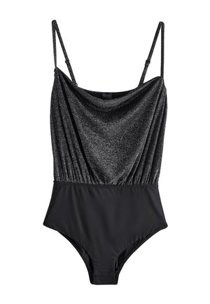 Schwarzer ärmelloser Body mit schimmernd strukturierter Oberseite und glatter, einfarbiger Unterseite, ausgestattet mit verstellbaren, dünnen Schulterriemen.
