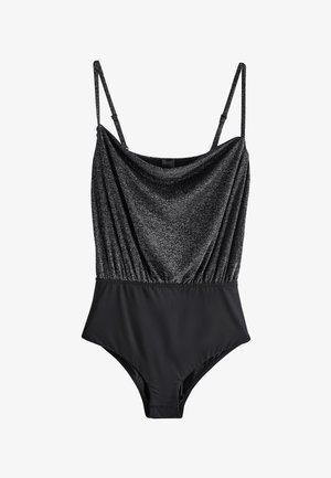 Schwarzer ärmelloser Body mit schimmernd strukturierter Oberseite und glatter, einfarbiger Unterseite, ausgestattet mit verstellbaren, dünnen Schulterriemen.