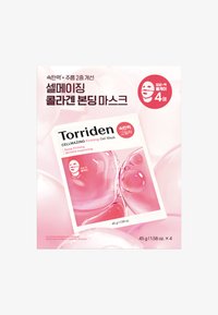 Emballage du masque gel raffermissant Torriden Cellmazing ; teintes roses avec des bulles brillantes et un design de masque rectangulaire blanc ; contient quatre masques de 45g.