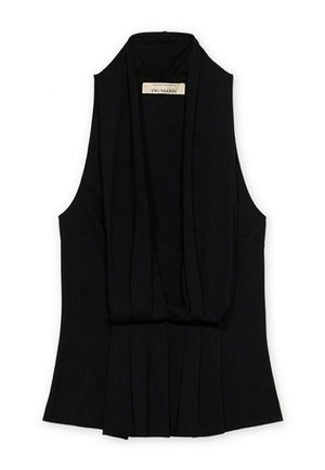 Czarny damski top bez rękawów z głębokim dekoltem w kształcie litery V i plisowanym przodem marki Trussardi, ułożony na płasko na białym tle.