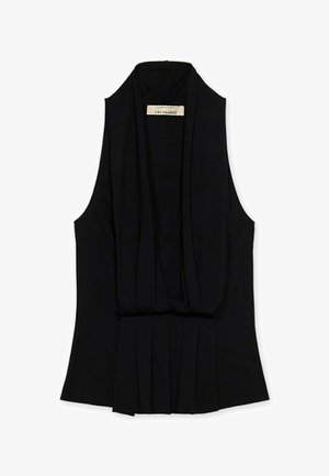 Černý dámský top bez rukávů s hlubokým výstřihem do V a zdobeným předním dílem od značky Trussardi, zobrazený na rovném bílém pozadí.