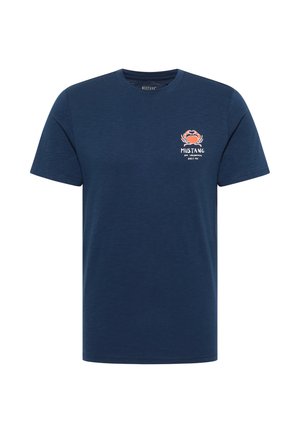 Navy blue cotton t-shirt featuring a small crab design and "MUSTANG" text on the left chest. Short sleeves and crew neckline.