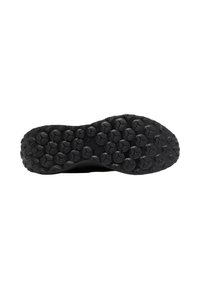 Schwarze Schuhsohle mit einem strukturierten Muster aus runden Noppen, das Halt und Traktion bietet. Robustes Gummi-Material mit einer glatten Oberfläche.