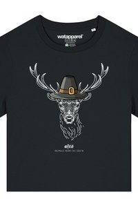 Zwarte t-shirt met een afbeelding van een hert met een hoge hoed, gedetailleerde gewei en tekst eronder die luidt "dierlijk uit het zuiden."