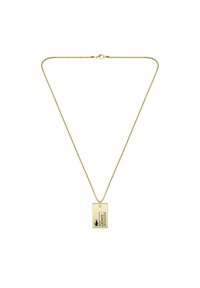 Collar de cadena de oro con un colgante rectangular que presenta un logotipo y texto grabados. Acabado de metal pulido, eslabones de cadena delgados y cierre de gancho.