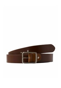 Ceinture en cuir marron avec une boucle rectangulaire argentée, partiellement enroulée avec des trous de réglage visibles sur fond blanc.