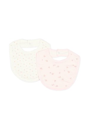 Deux bavoirs pour bébé en coton doux, l’un blanc avec de petits cœurs roses, l’autre rose clair avec de petits motifs floraux, tous deux avec des fermetures pression.