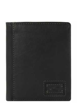 Portefeuille en cuir noir avec une texture lisse, design plié et couture contrastante. Présente un petit logo en relief sur le devant.