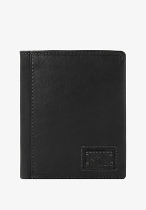 Portefeuille en cuir noir avec une texture lisse, design plié et couture contrastante. Présente un petit logo en relief sur le devant.