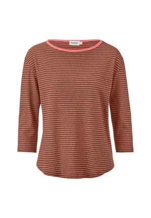 Gestreepte langhals top in bruin en roze. Zachte stof met een bootnek en driekwartmouwen. Bevat smalle horizontale strepen.