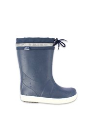 Botte de pluie en caoutchouc bleu marine avec un revers rembourré et une touche de gris, dotée d'un cordon de serrage, d'une surface texturée et d'une semelle blanche. Gouttes d'eau visibles.