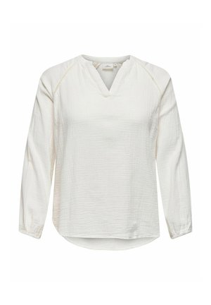 White, long-sleeved blouse with a V-neck and textured fabric. Features subtle detailing at the shoulders and rounded hemline.