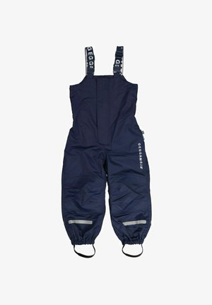 Marineblå, vandtæt overall med justerbare skulderremme, refleksaccenter og elastiske mansjetter. Fremstillet af slidstærkt, struktureret stof.