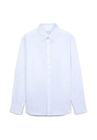 Weißes Langarmhemd aus glattem Stoff mit Button-Down-Kragen und einer Vorderleiste mit passenden Knöpfen. Schlichtes Design.