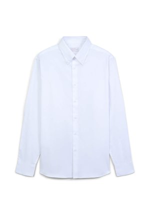 Weißes Langarmhemd aus glattem Stoff mit Button-Down-Kragen und einer Vorderleiste mit passenden Knöpfen. Schlichtes Design.