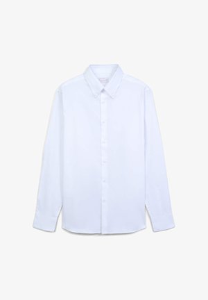 Weißes Langarmhemd aus glattem Stoff mit Button-Down-Kragen und einer Vorderleiste mit passenden Knöpfen. Schlichtes Design.