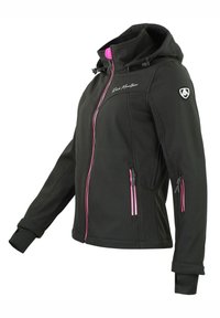 Veste softshell noire avec capuche, dotée de zips roses et de deux poches avant zippées. Logo affiché sur l'épaule gauche.