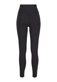 Leggings neri a vita alta realizzati in tessuto elastico, con una texture liscia e un design aderente per il comfort e la flessibilità.