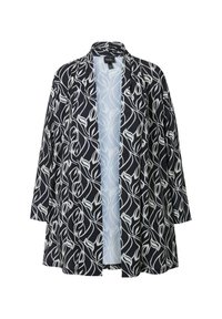 Černá kimono-style bunda s bílým vzorem listů, lehký materiál, otevřený přední díl, tříčtvrteční rukávy, uvolněný střih a bez zapínání.