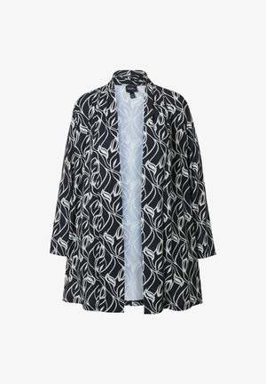 Schwarze Kimono-Jacke im Stil mit weißem Blättermuster, leichtes Gewebe, offener Vorderbereich, Dreiviertelärmel, lockerer Schnitt und ohne Verschlüsse.