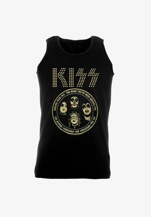 Schwarzes Tanktop mit goldenen Grafiken der Band KISS, einschließlich stilisierter Schrift und Illustrationen der Bandmitglieder innerhalb eines kreisförmigen Designs.