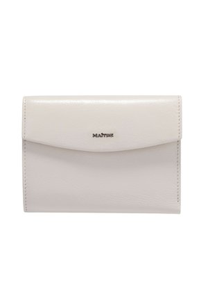 White leather wallet with a smooth texture, featuring a rounded flap closure and subtle stitching. "MAITRE" logo embossed on the front.