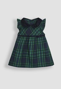 Vestido a cuadros en verde y azul marino con mangas rizadas, un cuello de terciopelo y detalle en la cintura. Forma en A, material de algodón y cuenta con rayas verticales.