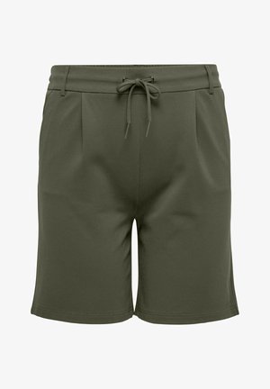 Olive green shorts in a smooth, stretchy material, featuring a drawstring waistband, pleats, and no pockets, with a clean hemmed finish.