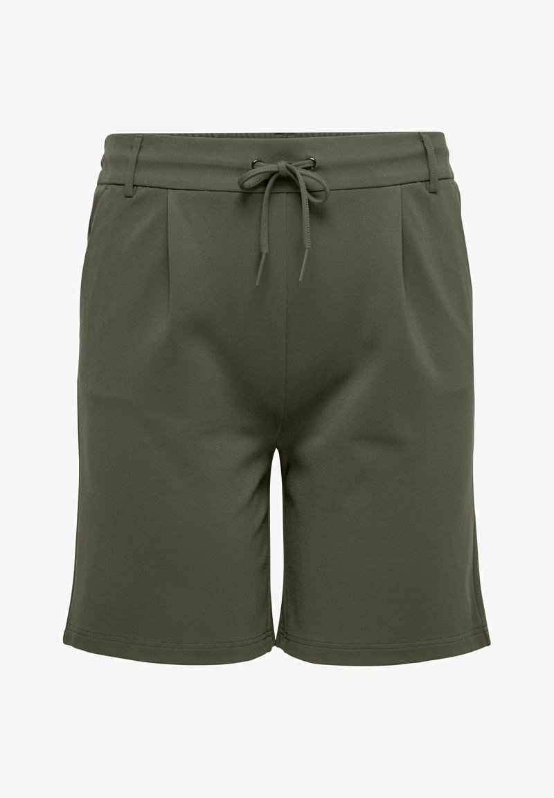 Ελαιόχρωμα σορτς από μαλακό, ελαστικό υλικό, με κορδόνι στη μέση, πιέτες και χωρίς τσέπες, που διαθέτει καθαρό τελείωμα με ραφή.