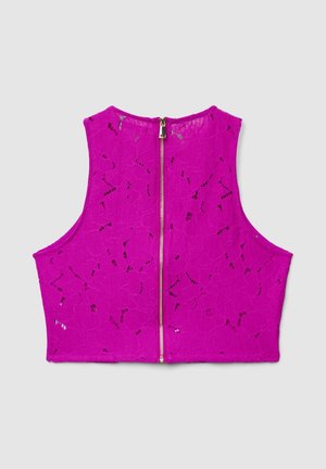 Haut court fuchsia en dentelle avec des motifs floraux et une fermeture éclair centrale au dos. Texture lisse sans manches.