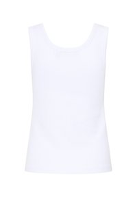 Débardeur blanc uni sans manches avec larges bretelles et encolure ronde sur fond blanc.