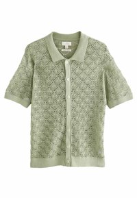 Grön kortärmad kofta med ett detaljerat diamantmönster, knappstängning och klassisk krage. Mjuk stickad textur.