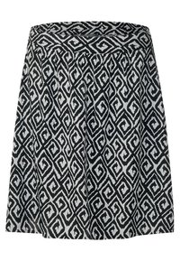 Černá a bílá sukně s vířivým geometrickým vzorem, plisovaného stylu a širokým pasem, vyrobená z lehkého materiálu.