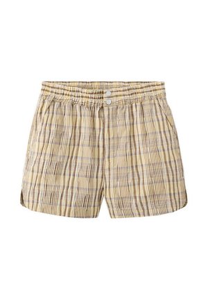 Pantalones cortos ligeros de cuadros beige y marrón con cintura elástica y dos botones delanteros.