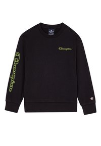 Black sweatshirt made of cotton with long sleeves, ribbed cuffs, and a logo accent in bright green on the front and down the left sleeve.