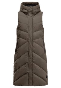 Gilet matelassé sans manches de couleur marron avec capuche, présentant un motif en chevrons et deux poches latérales avec des zips noirs.