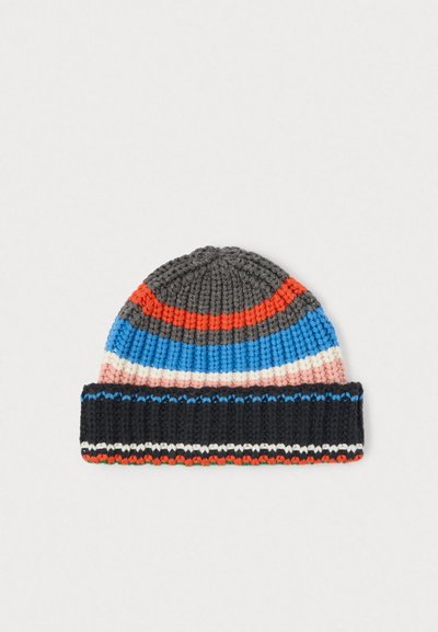 Knitted beanie with folded black brim featuring blue, white, and orange stripes; above brim are pink, white, blue, gray, and orange striped crown.