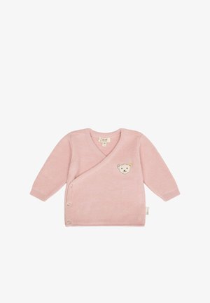 Cardigan rosa lavorato a maglia con scollo a V e maniche lunghe, caratterizzato da un'applicazione a forma di orso e chiusura con bottoni laterali. Texture liscia.