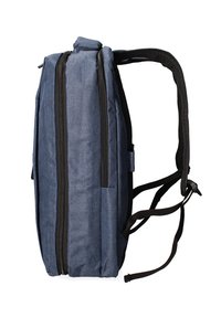 Sac à dos en tissu bleu avec deux zips verticaux, accents noirs, dos rembourré et bretelles réglables. Dispose d'une poche latérale pour un accès facile.