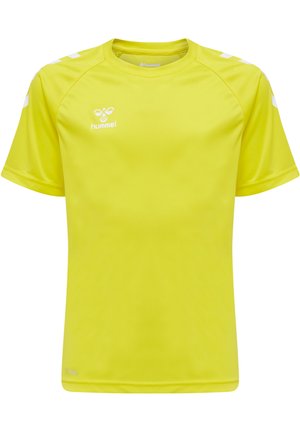 Heldere gele kortemouw t-shirt, gemaakt van lichtgewicht stof. Heeft raglan mouwen en een wit logo op de borst met witte accenten op de schouders.