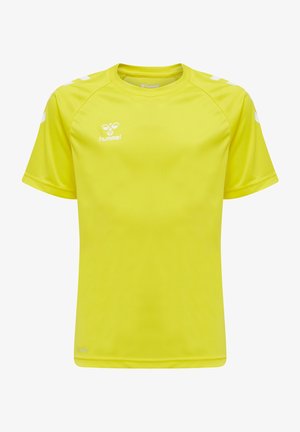 Jasnożółta koszulka z krótkim rękawem, wykonana z lekkiego materiału. Ma rękawy raglanowe oraz biały logo na piersi z białymi akcentami na ramionach.