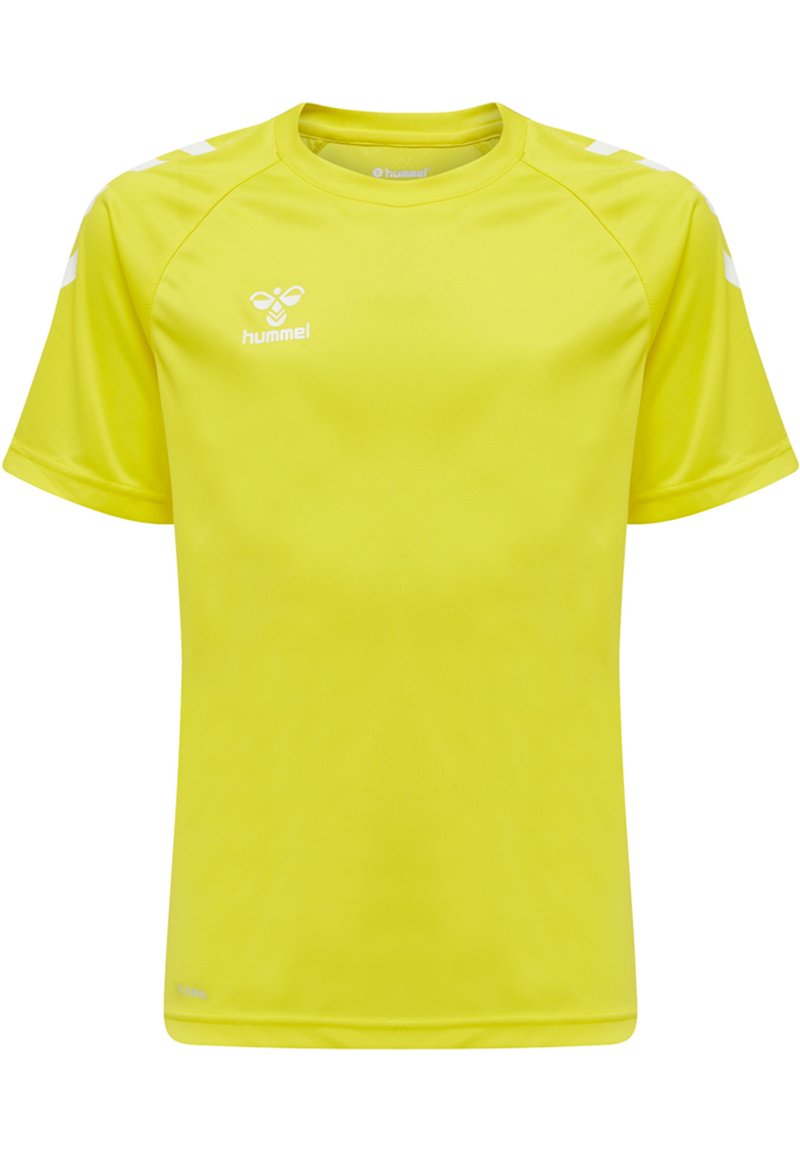 Camiseta de manga corta de color amarillo brillante, hecha de una tela ligera. Presenta mangas raglán y un logo blanco en el pecho con acentos blancos en los hombros.