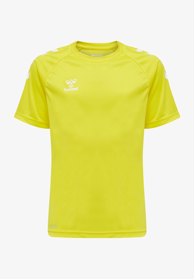 Camiseta de manga corta de color amarillo brillante, hecha de una tela ligera. Presenta mangas raglán y un logo blanco en el pecho con acentos blancos en los hombros.